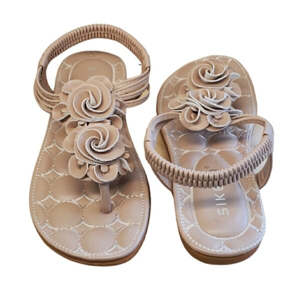 SIKETU Beige Color Flower Sandals, Woman's Tan Sandals - Picture 1 of 1